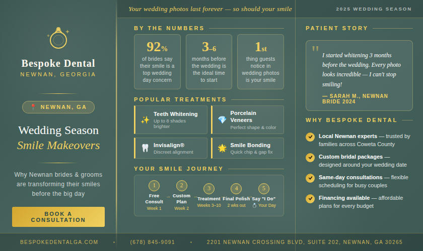 Bespoke Dental Newnan GA infographic: wedding smile makeovers featuring stats, treatments and timeline