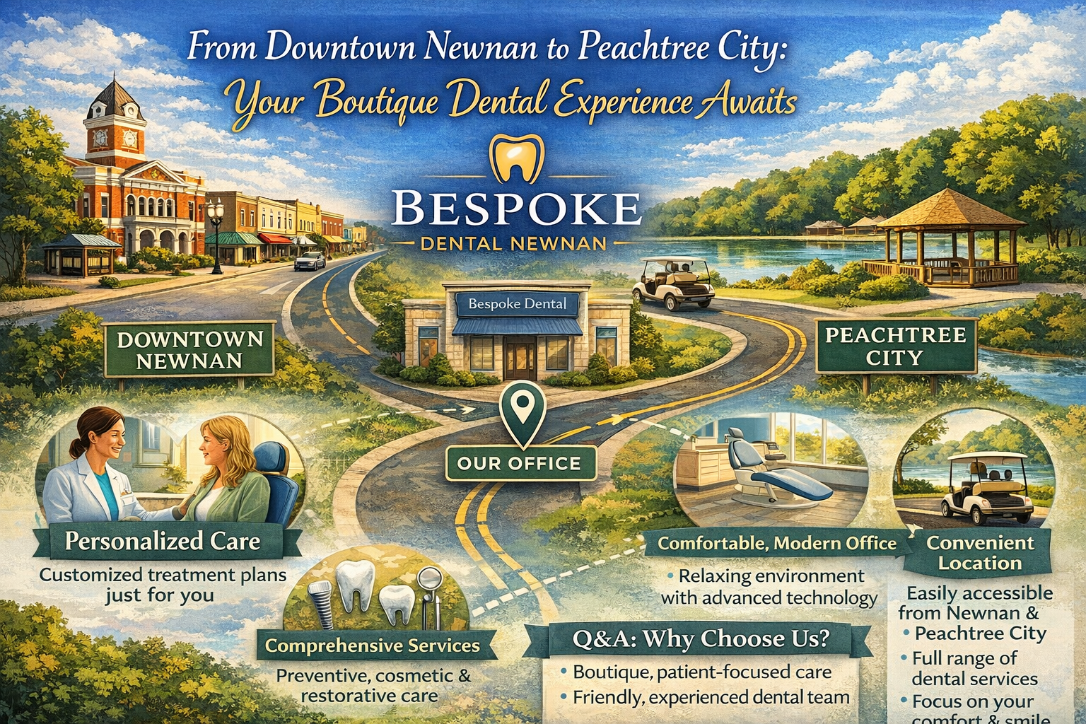 Infographic showing Downtown Newnan to Peachtree City with boutique dental services at Bespoke Dental Newnan.